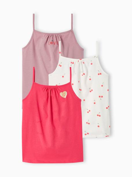 Set van 2 basic meisjeshemdjes met dunne bandjes ecru+framboos+saliegroen - vertbaudet enfant 