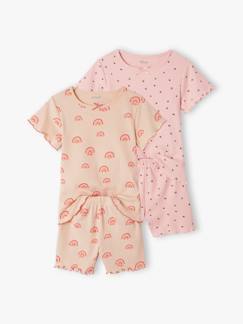 Meisje-Pyjama, pyjamapakje-Set van 2 bedrukte meisjes pyjamashorts van ribtricot