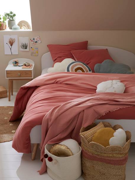 Parure housse de couette enfant et taie d'oreiller en gaze de coton bleu+rose+vert émeraude - vertbaudet enfant 