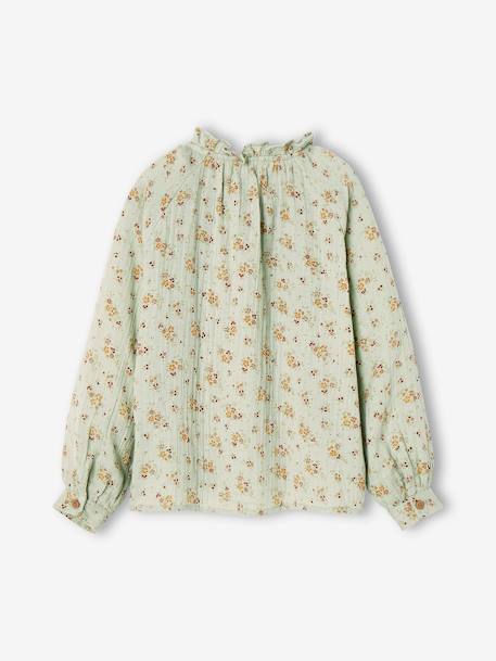 Personaliseerbare overhemd met ruches van katoengaas voor meisjes met bloemenprint blauwgroen+ecru+lichtroze+terracottategel - vertbaudet enfant 
