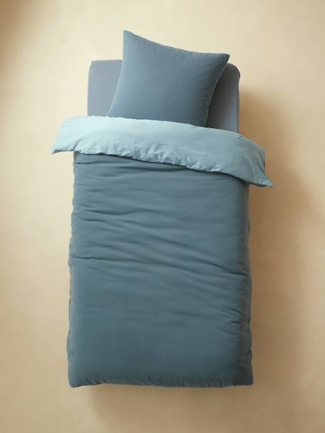 Parure housse de couette enfant et taie d'oreiller en gaze de coton bleu+rose+vert émeraude - vertbaudet enfant 