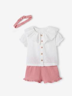 Baby-3-delige babyset met geborduurde blouse, short van katoengaas en bijpassende hoofdband