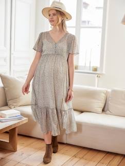 Zwangerschapskleding-Lange jurk met ruches van crpe met print, voor zwangerschap en borstvoeding