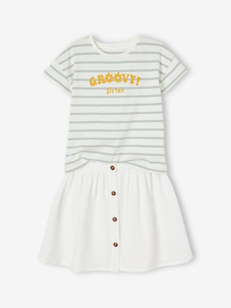Set T-shirt en rok van katoengaas voor meisjes ecru+terracotta - vertbaudet enfant 
