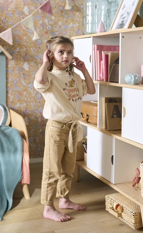 'Mom fit' broek en sjaalriem van katoengaas voor meisjes mosterdgeel+perzik+rood+roze - vertbaudet enfant 