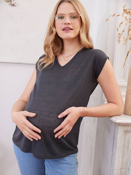 T-shirt met V-hals van katoen en linnen voor zwangerschap antraciet+saffraan - vertbaudet enfant 