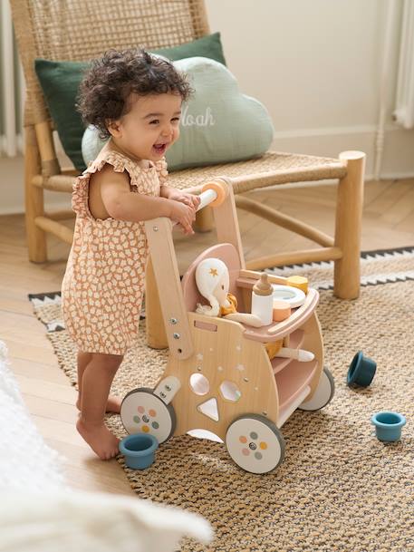 Chariot de marche poussette en bois FSC® rose+vert - vertbaudet enfant 