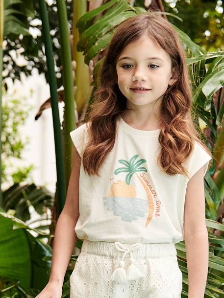 Meisjesshirt met zomers motief en schoudermouwen ecru+snoepjesroze - vertbaudet enfant 