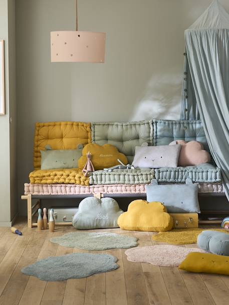 Matras in futon-stijl grijsblauw+kaneel+roze (poederkleur)+rozen+saliegroen - vertbaudet enfant 