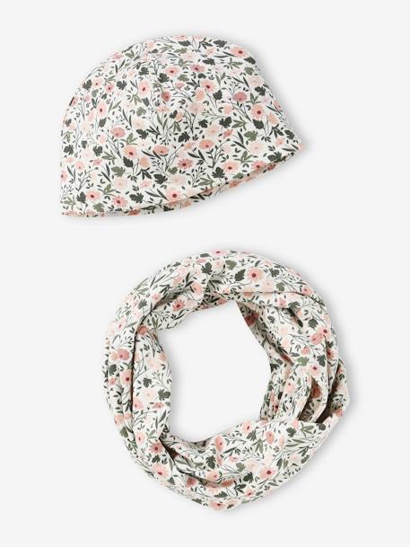 Fille-Accessoires-Bonnet, écharpe, gants-Ensemble fleuri fille bonnet + snood