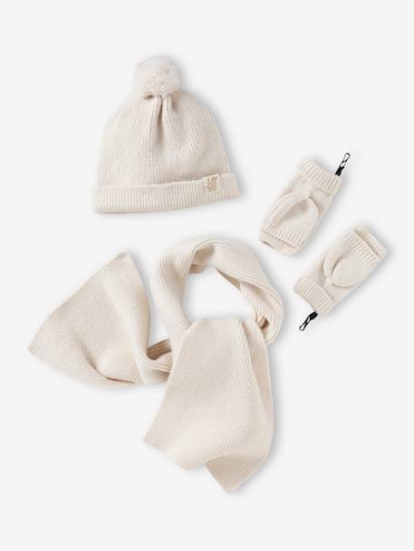 Ensemble fille en maille côtelée bonnet + écharpe + moufles/mitaines beige chiné+vieux rose - vertbaudet enfant 