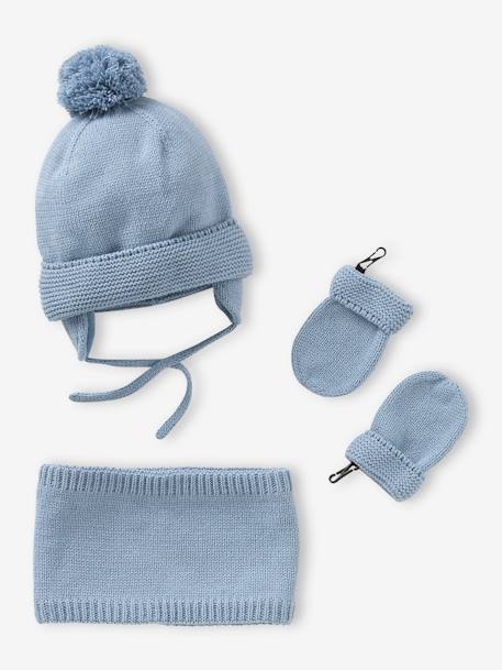 Ensemble bébé garçon bonnet + snood + moufles BASICS bleu grisé - vertbaudet enfant 