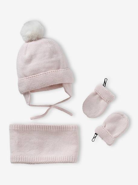 Ensemble bébé fille bonnet + snood + moufles rose pâle - vertbaudet enfant 