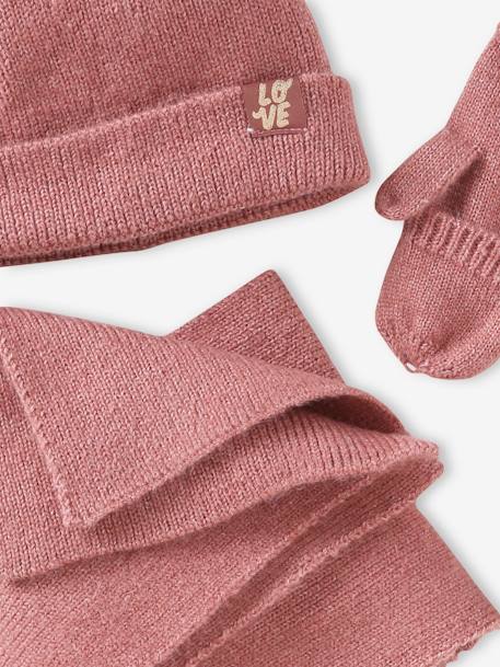 Ensemble fille en maille côtelée bonnet + écharpe + moufles/mitaines beige chiné+vieux rose - vertbaudet enfant 