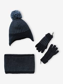 -Ensemble bonnet + snood + gants ou moufles en maille jacquard tripoint garçon