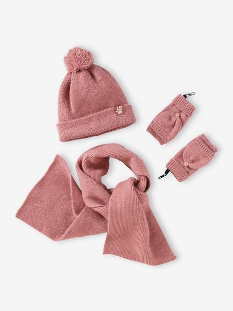 Ensemble fille en maille côtelée bonnet + écharpe + moufles/mitaines beige chiné+vieux rose - vertbaudet enfant 
