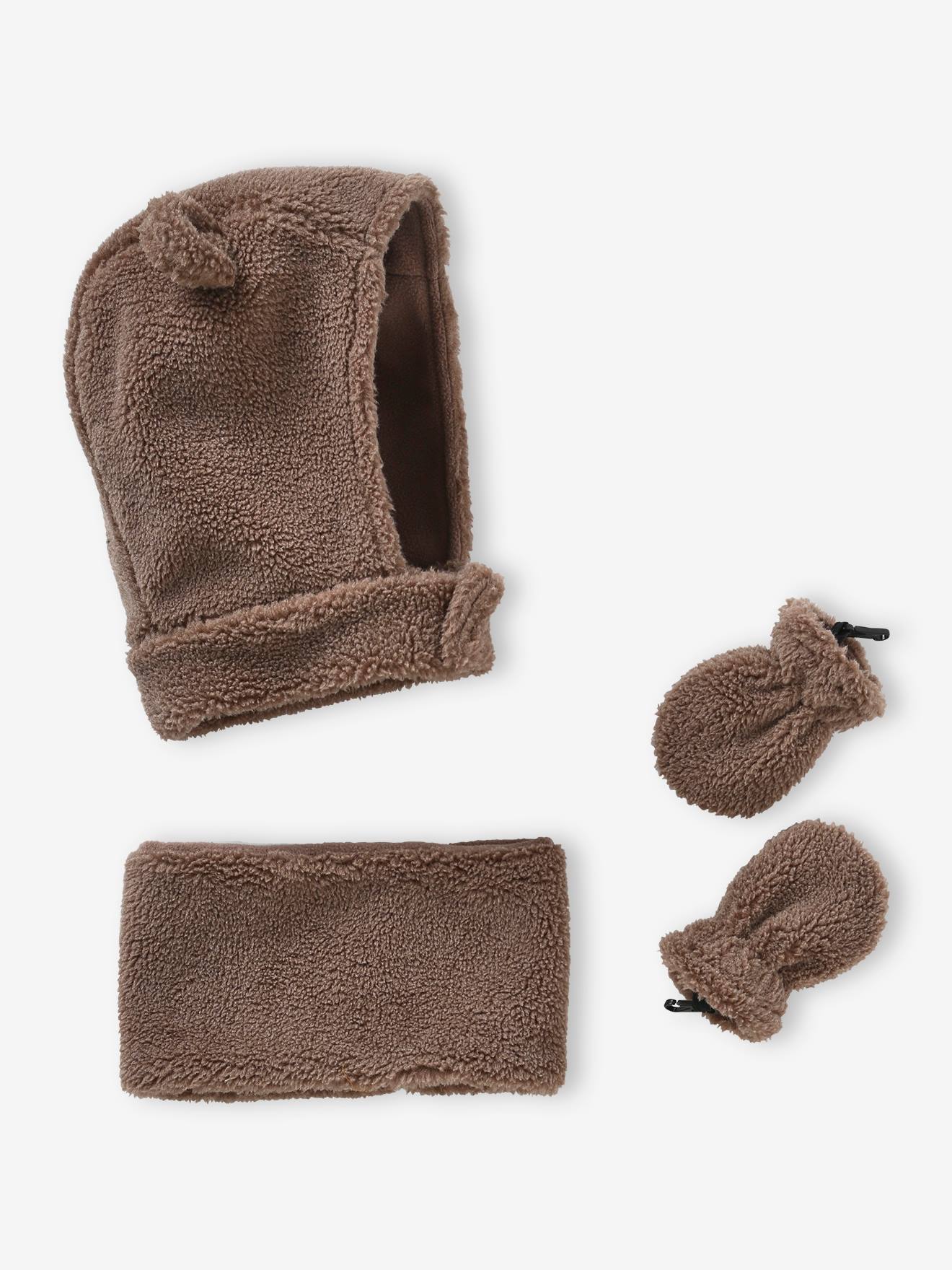 VERTBAUDET Ensemble Bonnet + Snood + Moufles Bébé Garçon Bear Mood – Sherpa Doux Et Chaud Avec Oreilles – Hiver Adorable