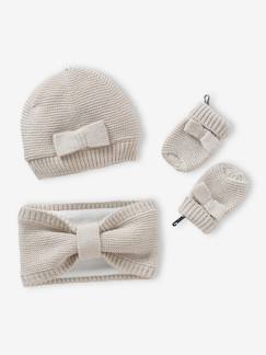 Bébé-Accessoires-Autres accessoires-Ensemble bébé fille bonnet + snood + moufles noeuds