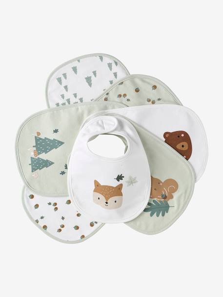 Lot 7 bavoirs naissance en coton bio* beige imprimé+blanc jungle+carreaux vert+Hérisson+multicolore+rose pâle+vert d'eau - vertbaudet enfant 