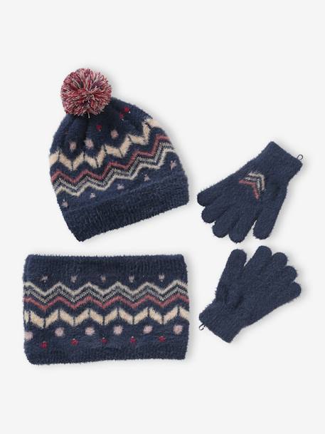 Fille-Ensemble bonnet + snood + gants ou moufles jacquard fluffy fille