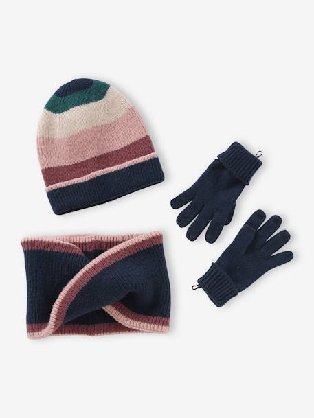 Ensemble bonnet + snood + gants ou moufles colorblock fille marine - vertbaudet enfant 