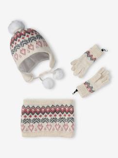 -Ensemble bonnet + snood + gants ou moufles en maille jacquard fille