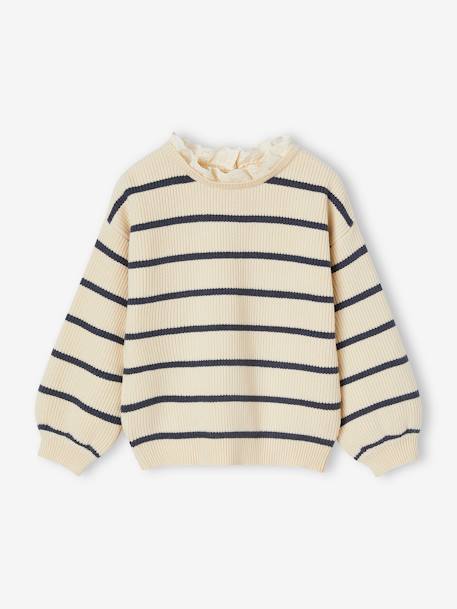 Pull fille col fantaisie forme loose marine+rayé marine+violet - vertbaudet enfant 
