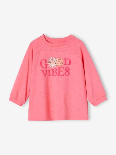 Tee-shirt 'good vibes' animation flatlock velours et fleurs fille rose bonbon - vertbaudet enfant 