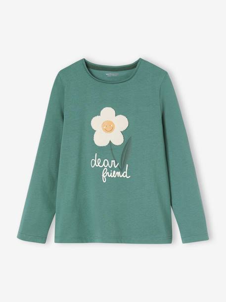 Shirt met konijnmotief en sierstrik voor meisjes donkergrijs+smaragdgroen - vertbaudet enfant 