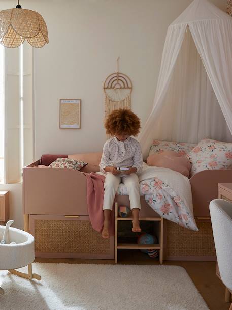 Lit enfant surélevé avec rangements cannage LIGNE POÉSIE rose nude - vertbaudet enfant 