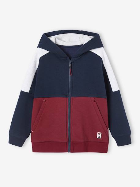 Sportieve sweater met rits en capuchon, colourblock effect, jongens bordeauxrood+dennen+gemêleerd grijs+kaki - vertbaudet enfant 