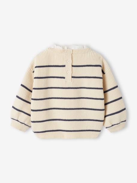 Pull bébé fille en côte perlée col en broderie anglaise rayé marine+vert sauge - vertbaudet enfant 