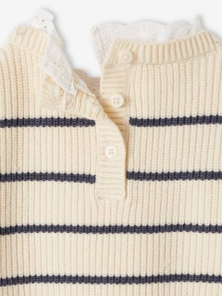 Pull bébé fille en côte perlée col en broderie anglaise rayé marine+vert sauge - vertbaudet enfant 
