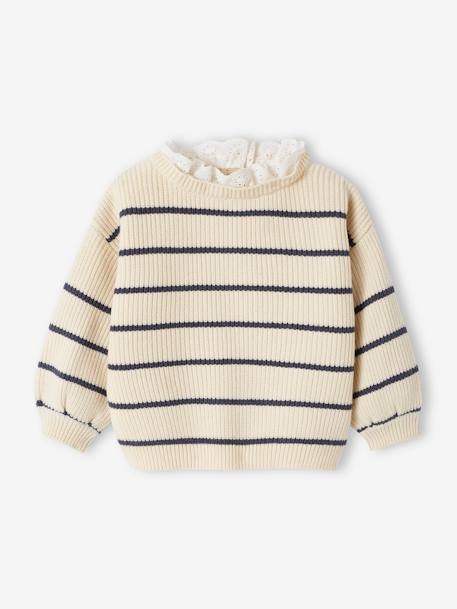 Pull bébé fille en côte perlée col en broderie anglaise rayé marine+vert sauge - vertbaudet enfant 