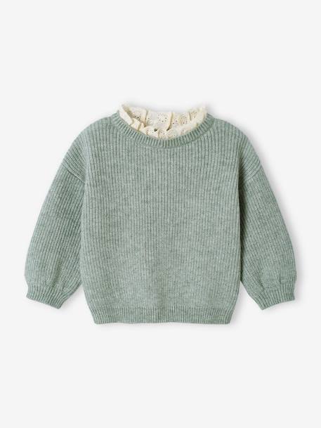 Pull bébé fille en côte perlée col en broderie anglaise rayé marine+vert sauge - vertbaudet enfant 