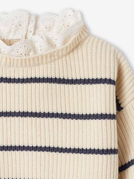 Pull bébé fille en côte perlée col en broderie anglaise rayé marine+vert sauge - vertbaudet enfant 