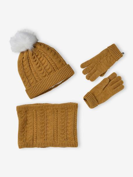 Fille-Ensemble bonnet + snood + gants ou moufles en maille torsadée fille