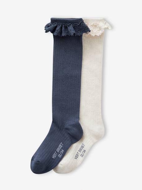 Lot de 2 paires de chaussettes hautes en maille ajourée et dentelle fille marine - vertbaudet enfant 
