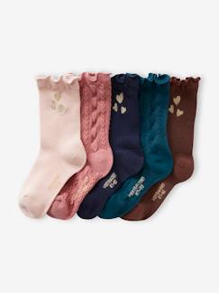 Fille-Sous-vêtement-Chaussettes-Lot de 5 paires de chaussettes coeurs en maille torsadée et côtelée fille