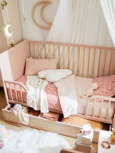 Lit Bébé évolutif 70x140cm avec tiroir de rangement en cannage POESIE rose nude - vertbaudet enfant 