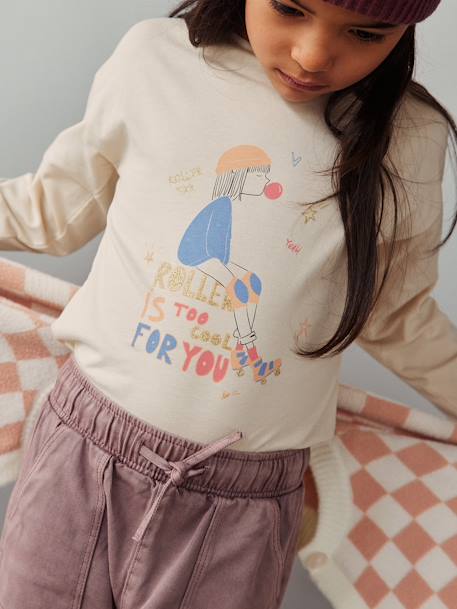 Shirt met girly motief en fantasie details beige (poederkleur)+oudroze+wit - vertbaudet enfant 