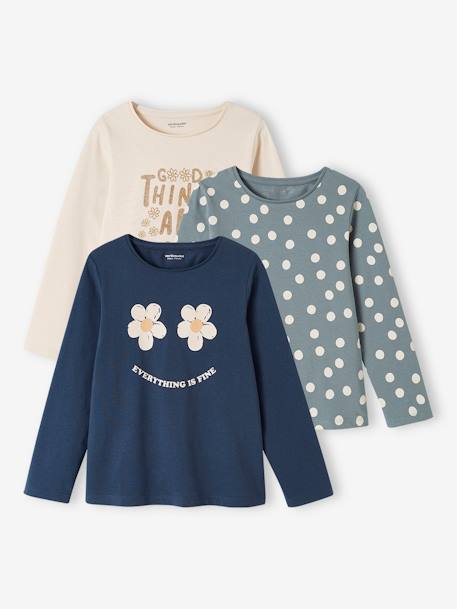 Set van 3 T-shirts voor meisjes met lange mouwen Oeko-Tex® marineblauw - vertbaudet enfant 