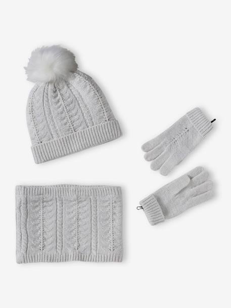 Ensemble bonnet + snood + gants ou moufles en maille torsadée fille écru - vertbaudet enfant 