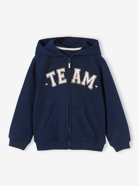 Sweat zippé à capuche motif 'Team' sport fille marine+rose bonbon - vertbaudet enfant 