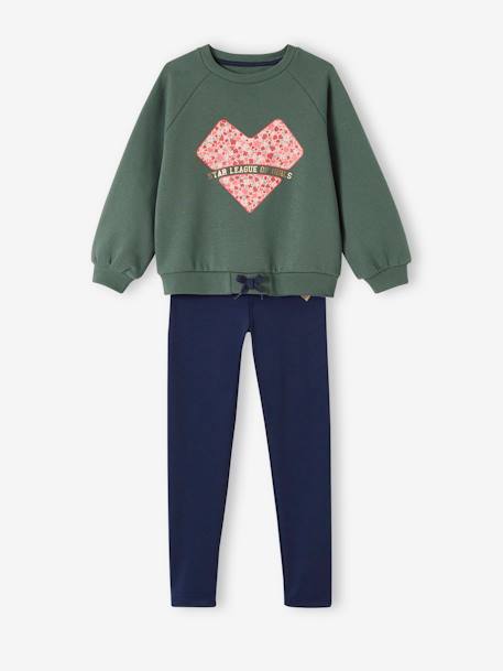 Sportset voor meisjes met molton sweater + legging van technisch materiaal groen+roze (poederkleur) - vertbaudet enfant 