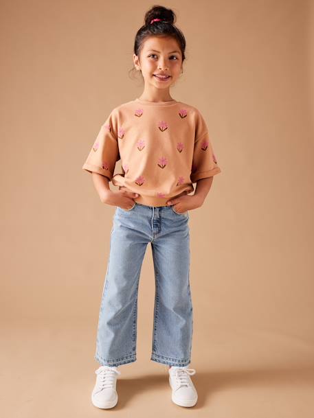 Jean fille large bas effiloché denim bleached+stone - vertbaudet enfant 