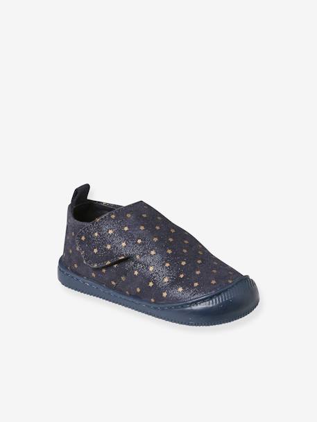 Chaussons scratchés bébé en cuir souple bleu imprimé - vertbaudet enfant 