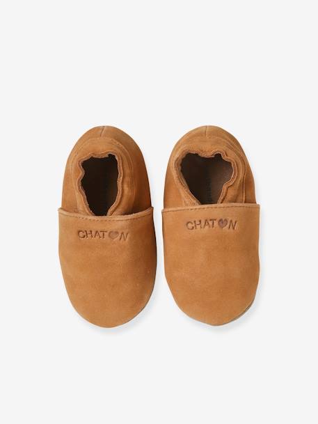 Chaussons élastiqués en cuir souple bébé chocolat+marine - vertbaudet enfant 