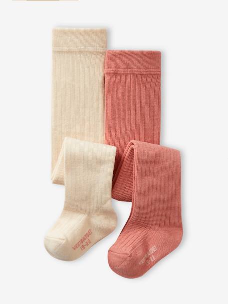 Lot de 2 paires de collants en maille côtelée bébé fille écru+noix de pécan - vertbaudet enfant 