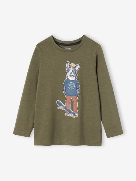 Oeko-Tex® fun T-shirt met lange mouwen en kattenmotief voor jongens kaki+karamel - vertbaudet enfant 